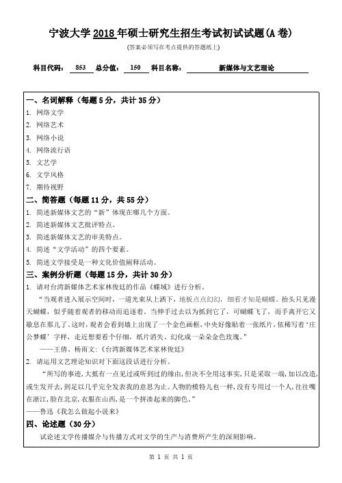 宁波大学新媒体与文艺理论考研真题试题2018、2019年