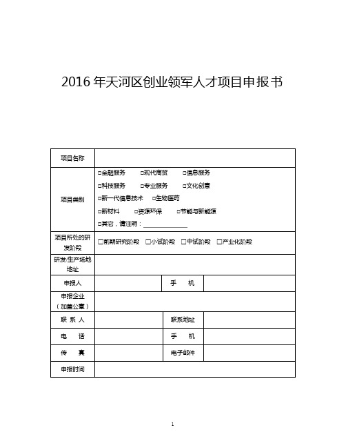 2016年天河区创业领军人才项目申报书【模板】