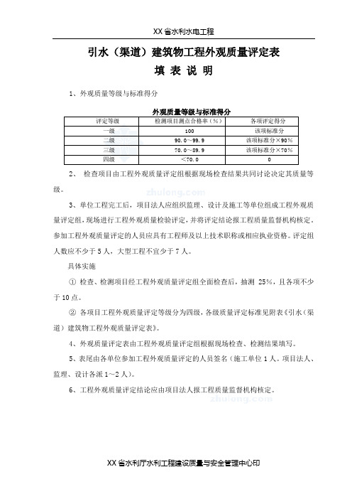 引水(渠道)建筑物工程外观质量评定表填表说明