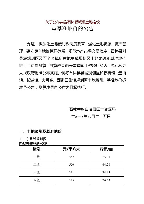 关于公布实施石林县城镇土地定级