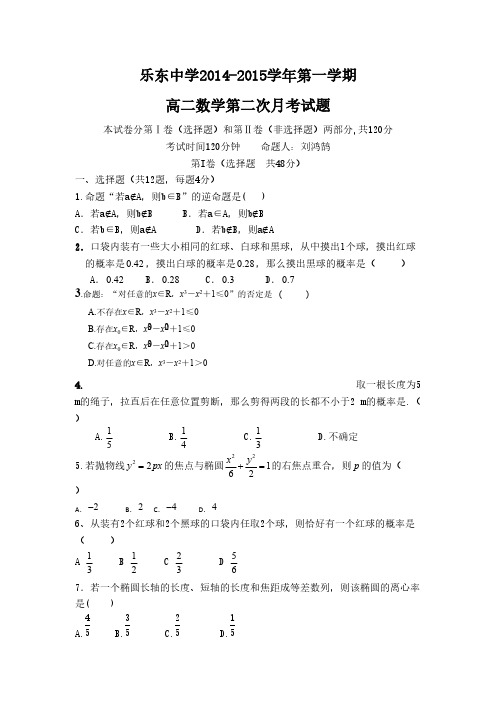 【VIP专享】2014-2015高二数学第二次月考试题
