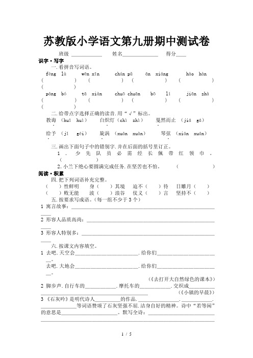 苏教版小学语文第九册期中测试卷