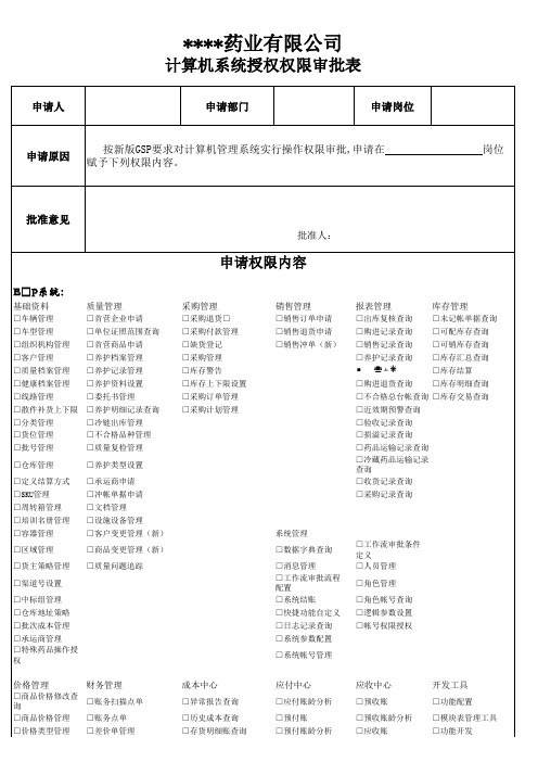 药品批发企业计算机系统授权权限审批表