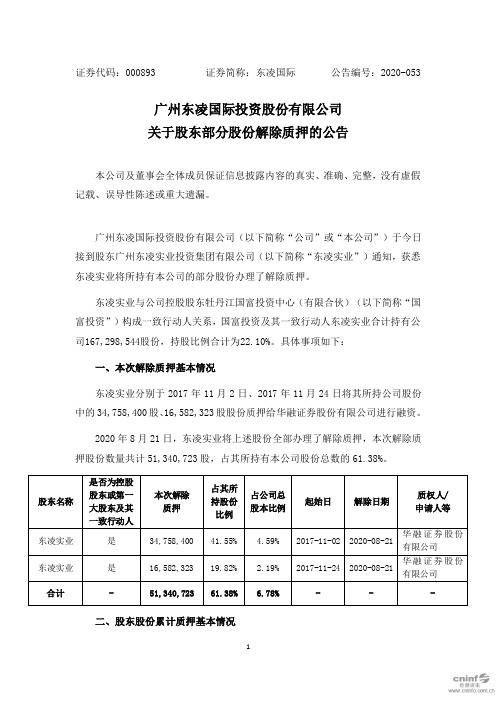 东凌国际：关于股东部分股份解除质押的公告