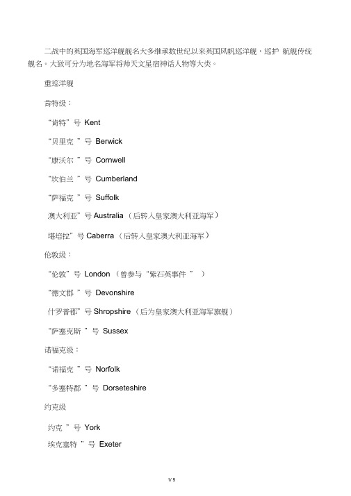 二战英国海军巡洋舰舰名鉴赏(中英文)