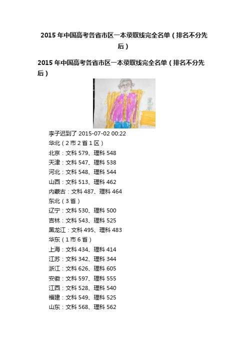 2015年中国高考各省市区一本录取线完全名单（排名不分先后）