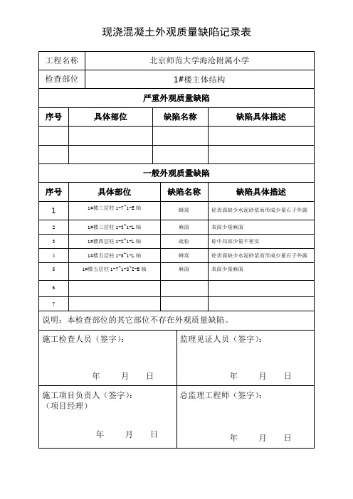 主体外观质量缺陷记录表范本