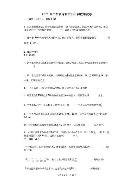 2021年-小学数学-有答案-广东省深圳市小升初数学试卷