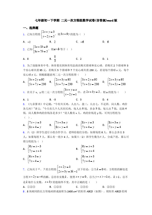 七年级初一下学期 二元一次方程组数学试卷(含答案)word版
