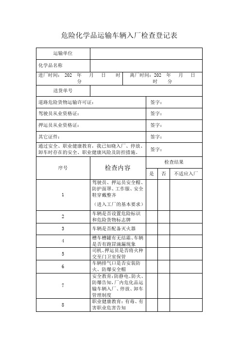 危险化学品企业安全风险隐患排查治理危险化学品车辆入厂登记检查表
