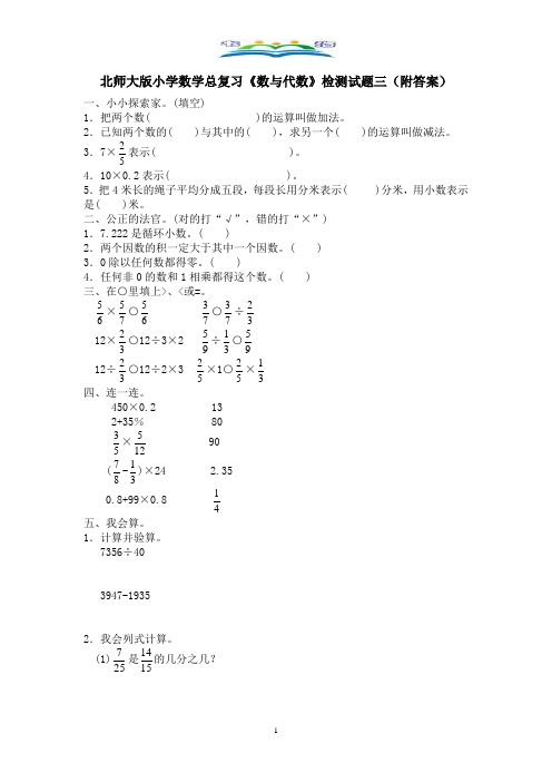 北师大版小学数学总复习《数与代数》检测试题三含答案.doc