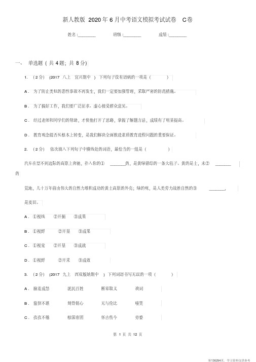 (精品文档)新人教版2020年6月中考语文模拟考试试卷C卷