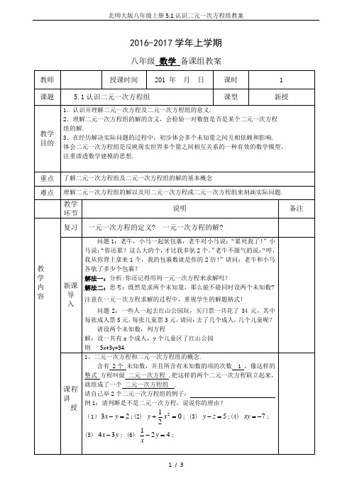 北师大版八年级上册5.1认识二元一次方程组教案
