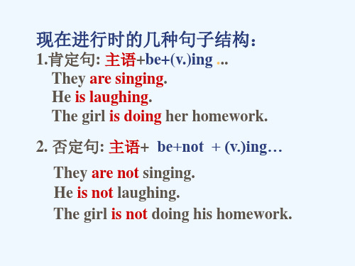 现在进行时的几种句子结构：1.肯定句主语 be (v.)ing...Theyare singing.Heis laughing.The girlis doinghe