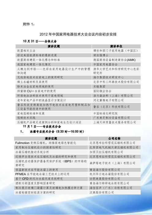 2012年中国家用电器技术大会会议内容初步安排10月31日