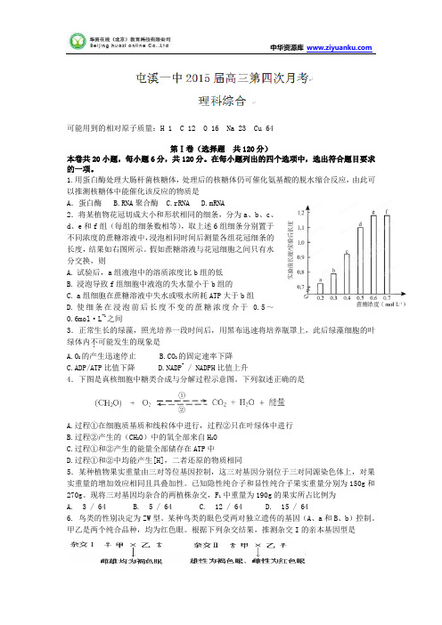 安徽省黄山市屯溪第一中学2015届高三第四次月考理综试题