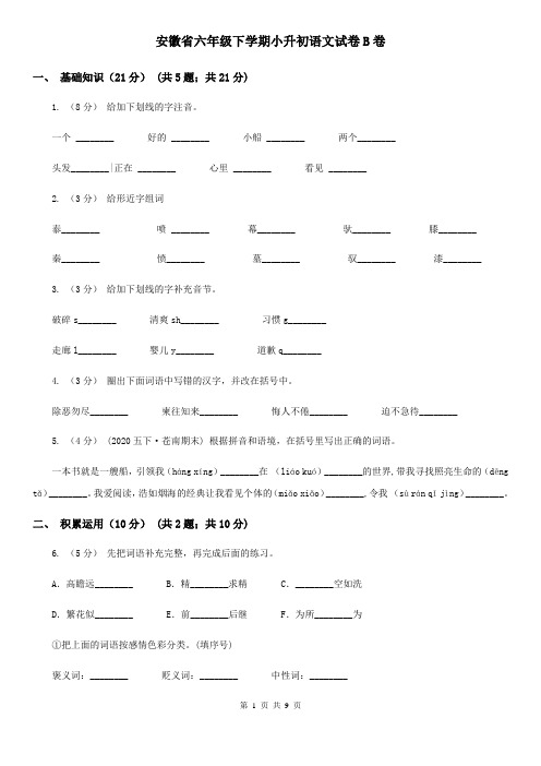安徽省六年级下学期小升初语文试卷B卷