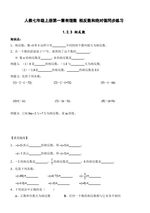 人教七年级数学上册第一章有理数 相反数和绝对值同步练习