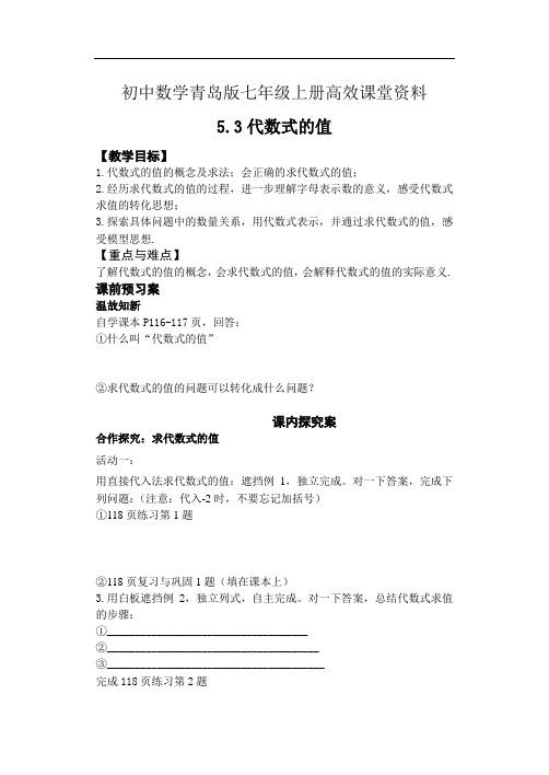 初中数学青岛版七年级上册高效课堂资料43-5.3代数式的值