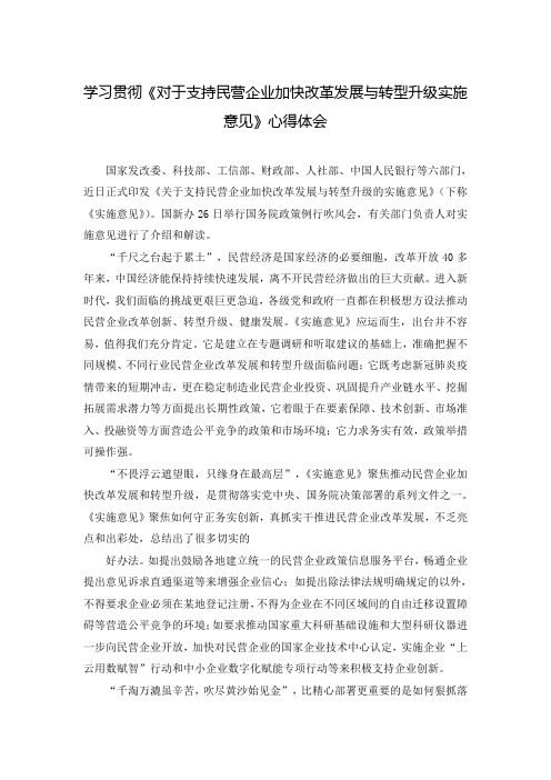 学习贯彻《对于支持民营企业加快改革发展与转型升级实施意见》心得体会