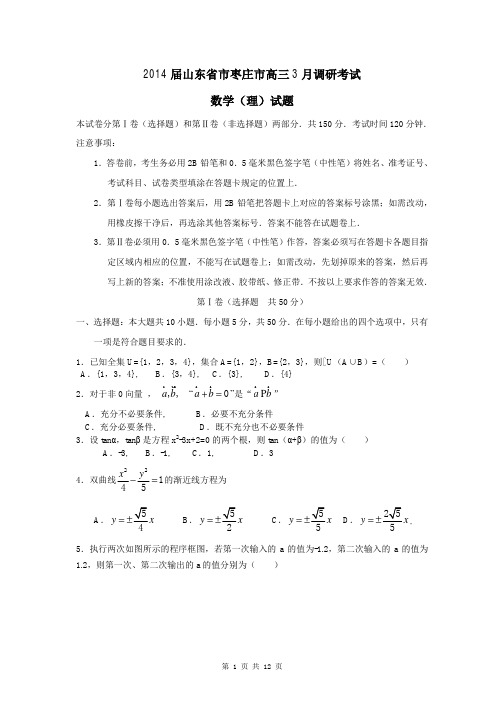 2014届山东省枣庄市(枣庄三中)高三3月调研考试理科数学试题(含答案解析)Word版