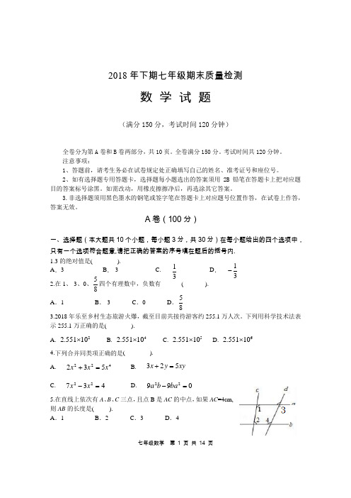 2018年下期七年级(上)期末质量检测数学试题及参考答案
