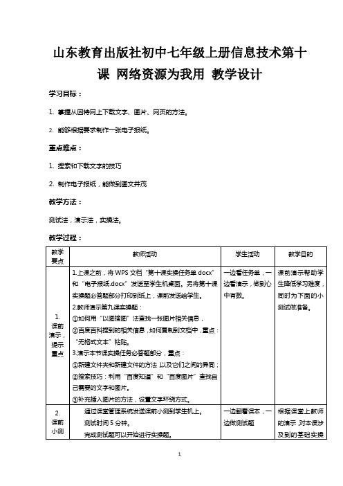山东初中七年级上册信息技术《网络资源为我用》教学设计
