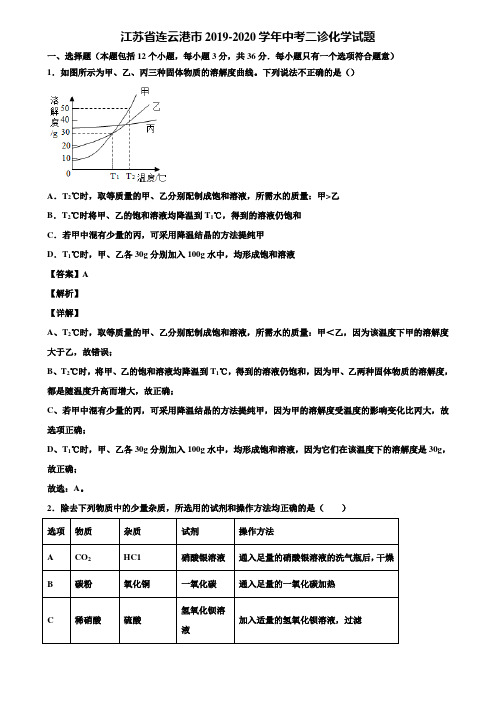 江苏省连云港市2019-2020学年中考二诊化学试题含解析