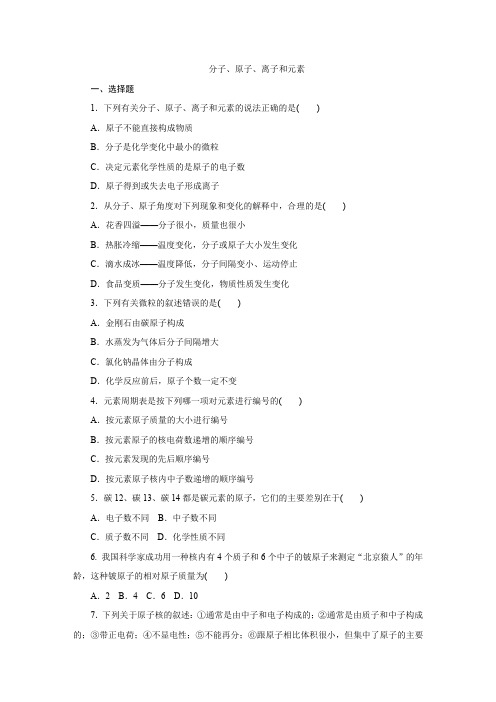 人教版九年级化学上册分子、原子、离子和元素专题复习训练