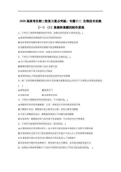 高考生物二轮复习重点突破：专题十二 生物技术实践一果酒和果醋的制作原理 含答案