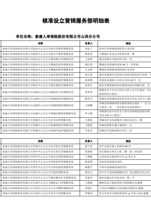 核准设立营销服务部明细表