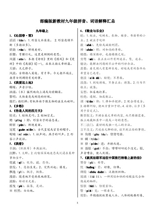 部编人教版九年级语文上下册拼音、词语解释汇总