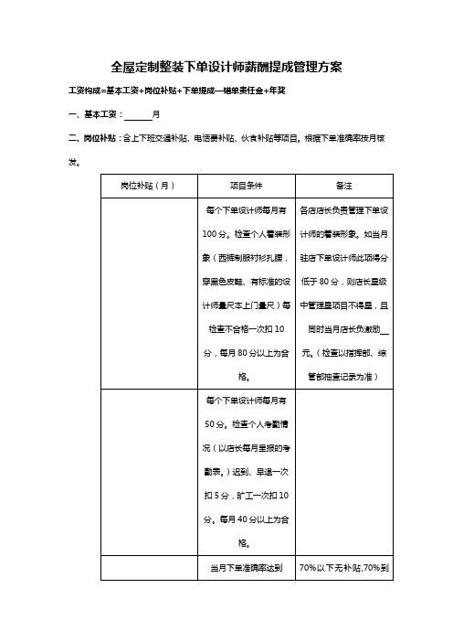 全屋定制整装下单设计师薪酬提成管理方案