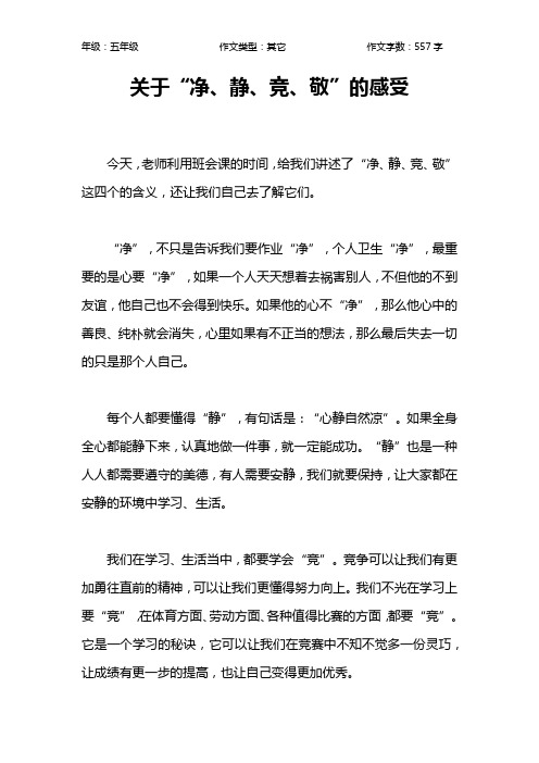 关于“净、静、竞、敬”的感受作文【小学五年级600字】