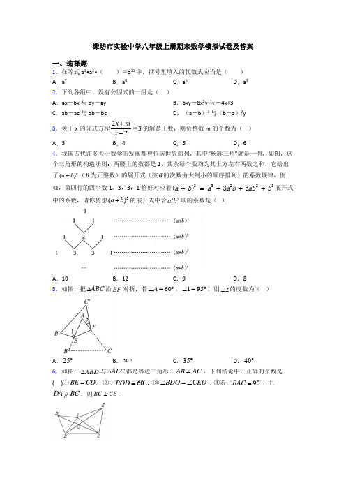 潍坊市实验中学八年级上册期末数学模拟试卷及答案