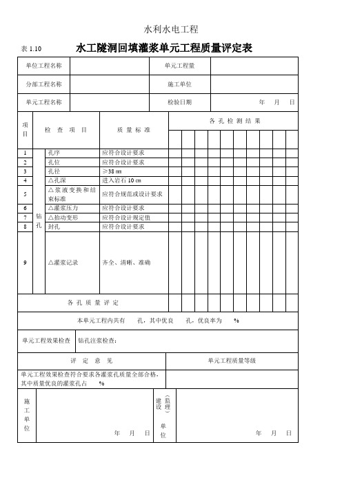 表1.10   水工隧洞回填灌浆单元工程质量评定表
