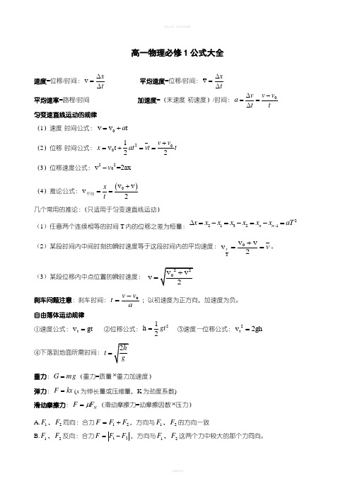 高一物理必修1公式大全