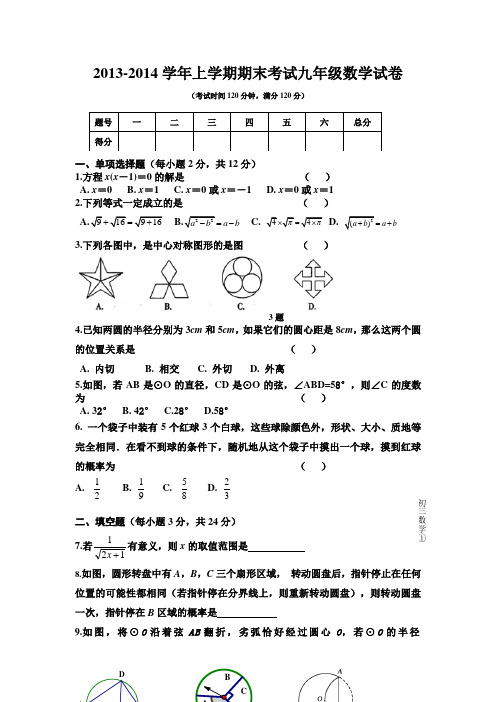 2013-2014学年上学期期末考试九年级数学试卷