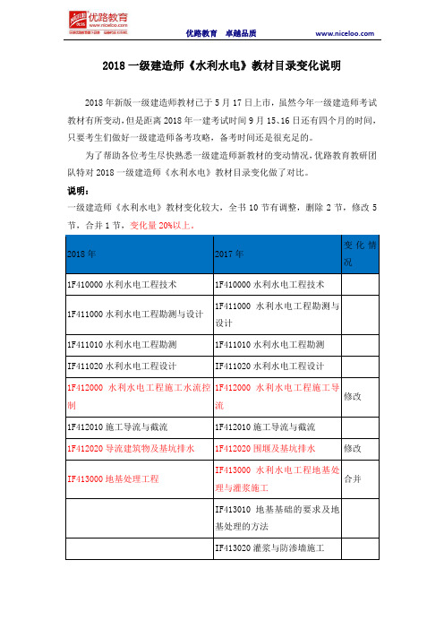 2018一级建造师《水利水电》教材目录变化说明