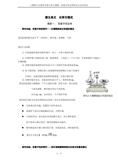 人教版九年级化学第五单元课题一质量守恒定律知识点总结笔记