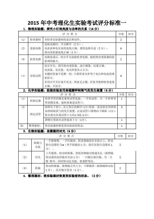 2016年河南省郑州市中招理化生实验考试评分参考标准资料