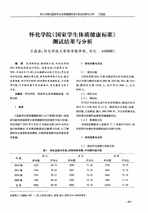 怀化学院《国家学生体质健康标准》测试结果与分析