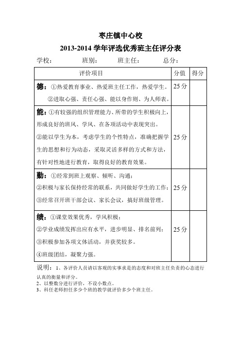 完整word版,优秀班主任评分表
