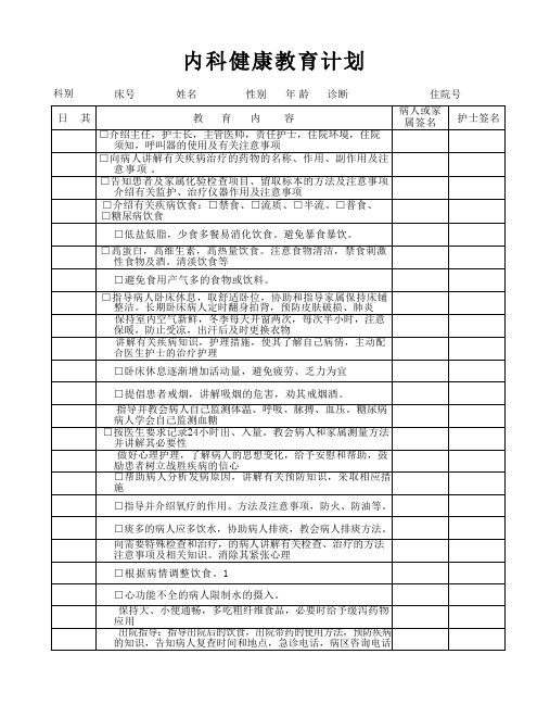 医院住院患者病历内科健康教育计划模板