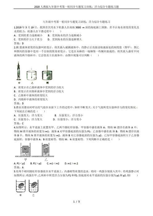 2020人教版九年级中考第一轮同步专题复习训练：浮力综合专题练习题