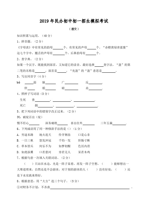 2019年民办初中初一招生模拟考试语文试卷(附答案)