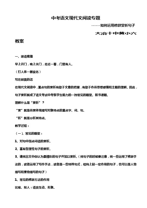 中考语文现代文阅读专题------如何运用修辞赏析句子教案