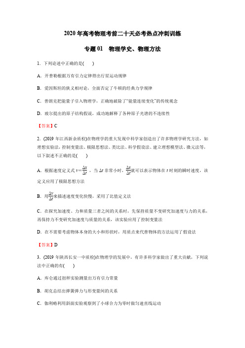 2020年高考物理考前二十天必考热点冲刺训练专题01 物理学史、物理方法(包含答案)