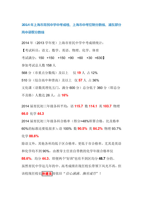 2014年上海市育民中学中考成绩、上海市中考控制分数线、浦东部分高中录取分数线