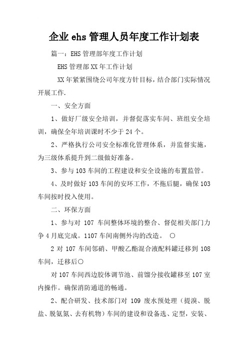 企业ehs管理人员年度工作计划表